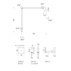 Valaisimeen on saatavilla kolmea erilaista pohjamoduulia: jalusta (table base), kiinnitysklipsu (desk clamp) tai seinäkiinnityskappale.